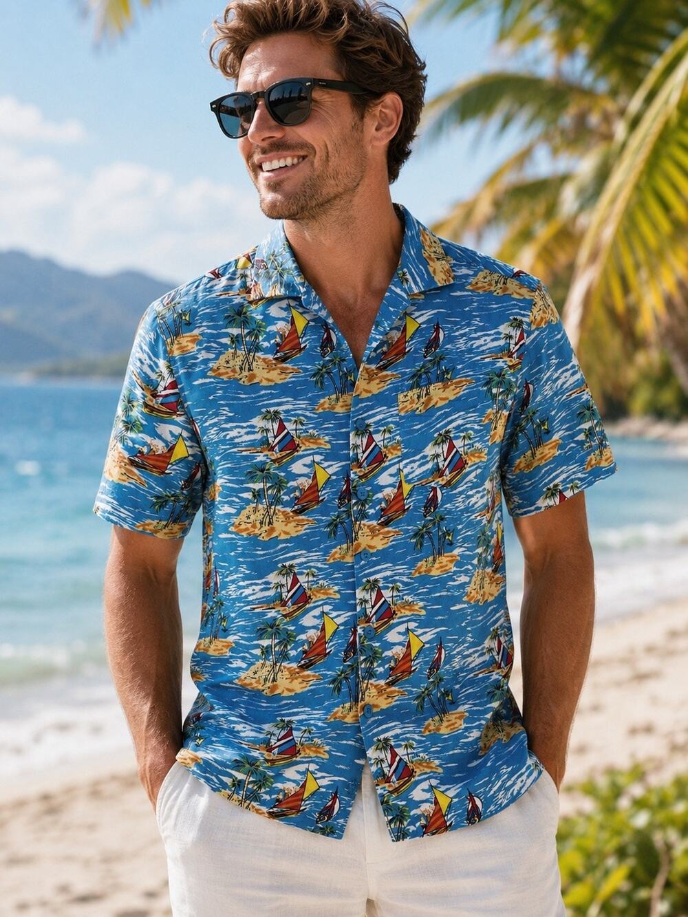 Duke London Liquid Vision Hawaiian Shirt Mens Large Blue Tropical Sailboat